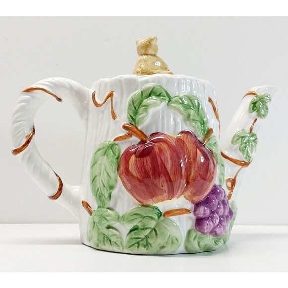 Vintage Ceramic Teapot Garden Fruit Teddy Bear Grapes Apples Collectible Display - Picture 3 of 16